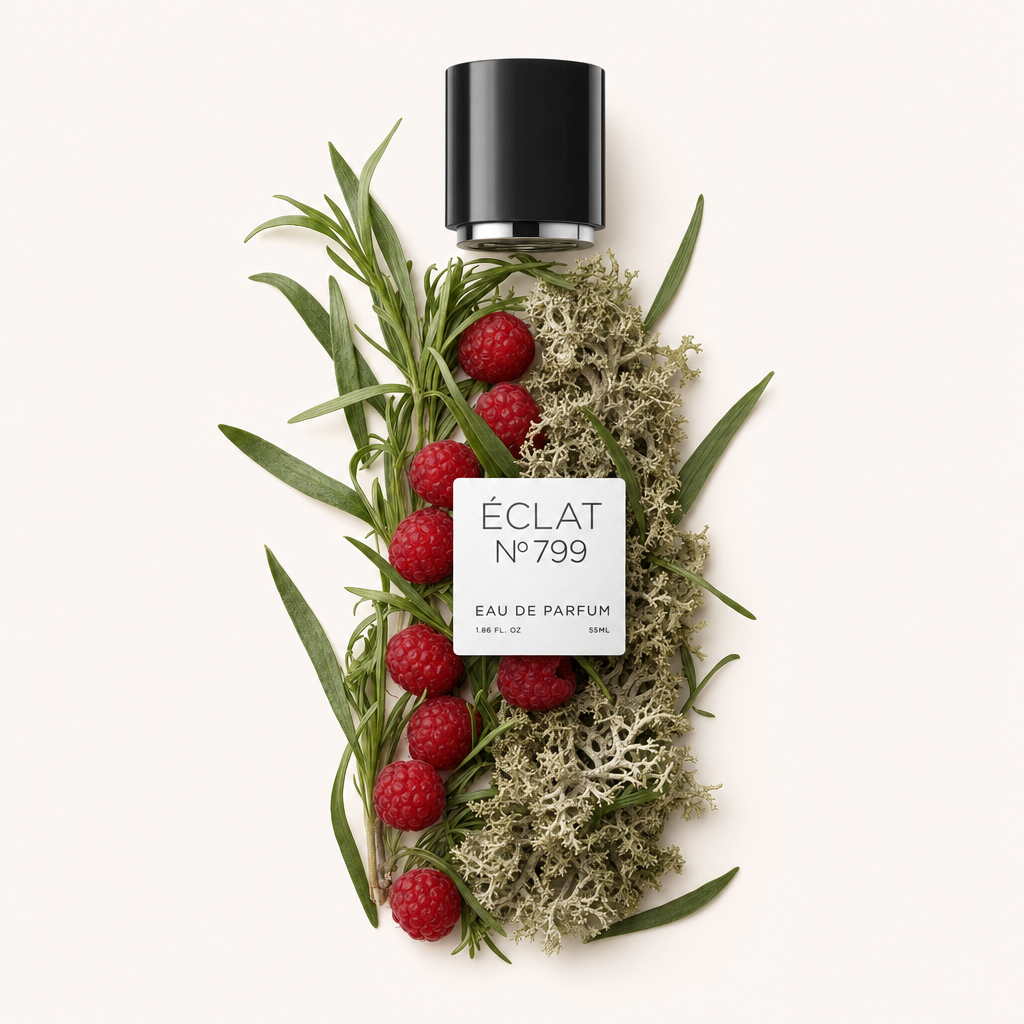 An arrangement of raspberries, green leaves, and oak moss surrounds a black cap with a label bearing ÉCLAT Fruity Oak Moss.