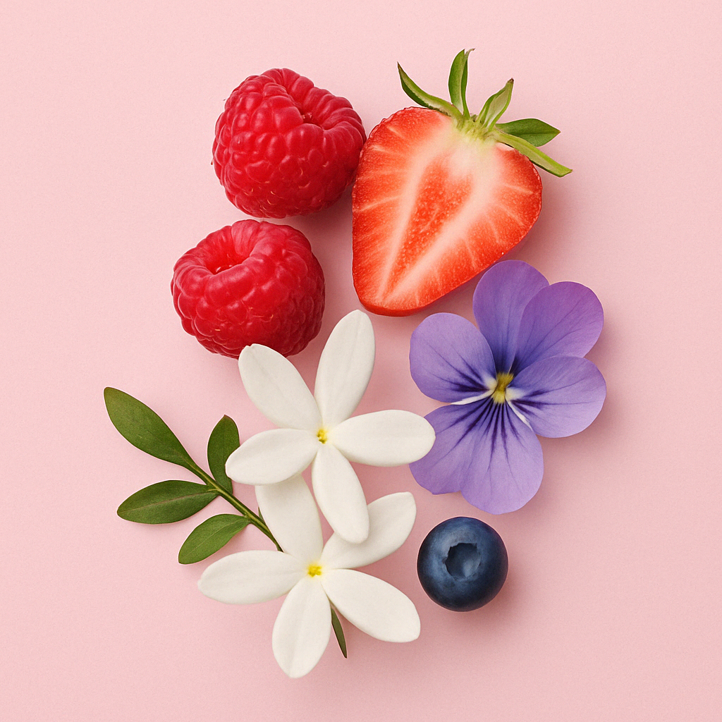 Fruits et fleurs variés sur fond rose, avec une fraise coupée en deux, des framboises, une myrtille, des fleurs de jasmin et une violette.