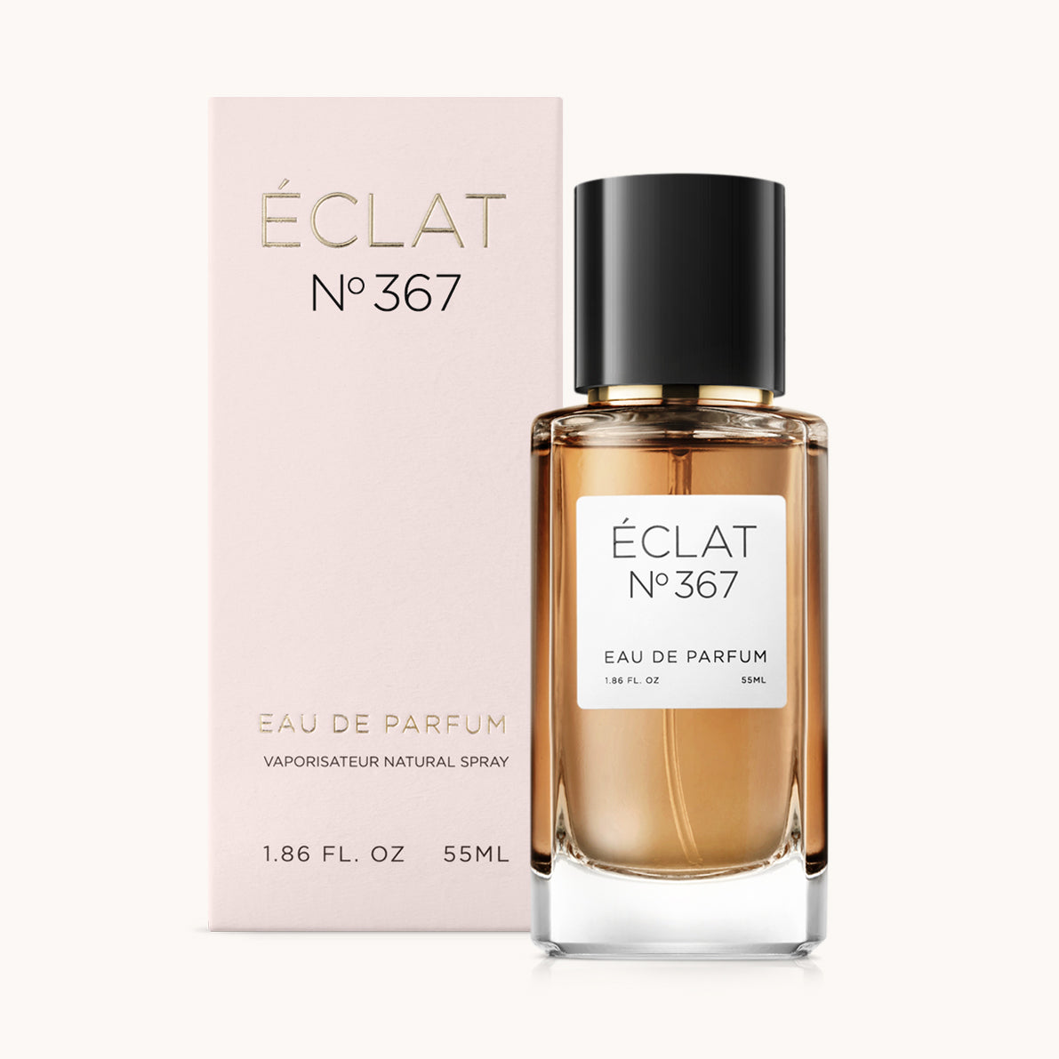 ÉCLAT Fruity Tonka Bean in a faceted glass bottle with a black cap, alongside a blush pink box.