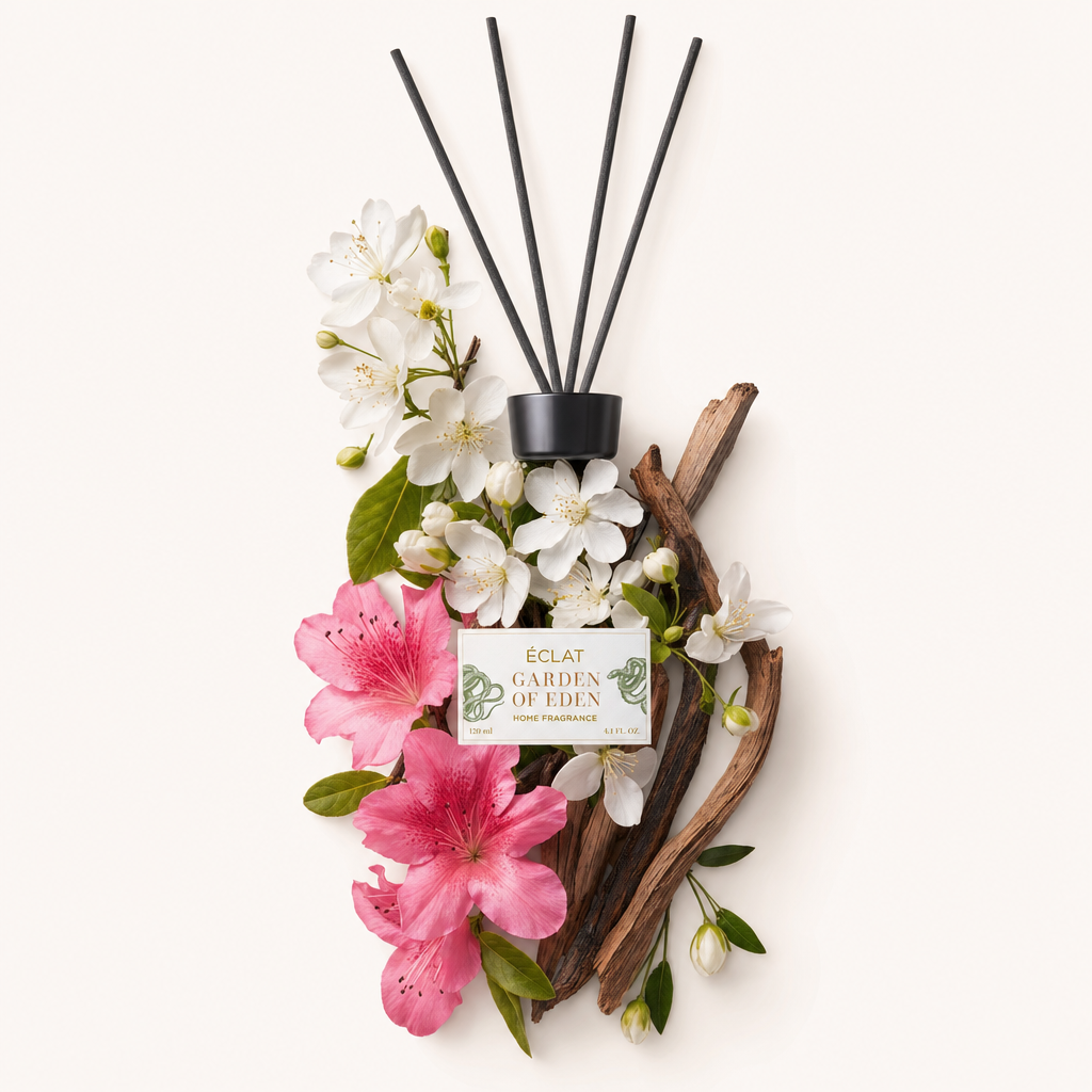 An arrangement of white and pink blossoms with twigs, featuring a black cap labeled ÉCLAT Garden of Eden Room Fragrance Sticks.