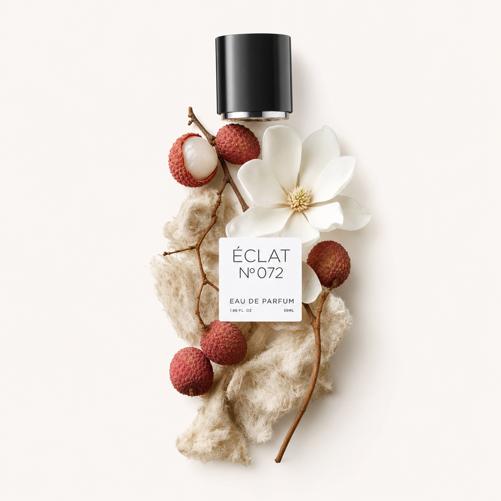 Un arrangement de litchis, fleur de magnolia et coton brut entoure le bouchon noir avec étiquette ÉCLAT Ginger & Magnolia.