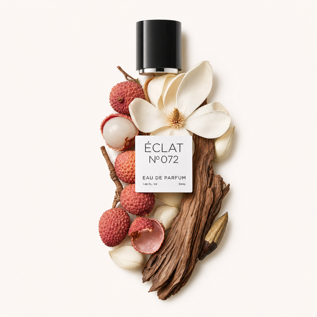 Ett arrangemang av litchi, magnoliablommor och träelement omger en svart kork med en ÉCLAT Ginger & Magnolia-etikett.
