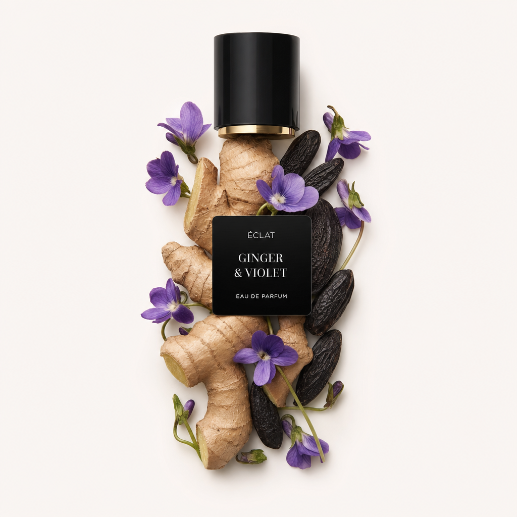 Une composition artisanale de gingembre frais, fleurs de violette et fèves tonka entoure un capuchon noir avec étiquette ÉCLAT Ginger & Violet.