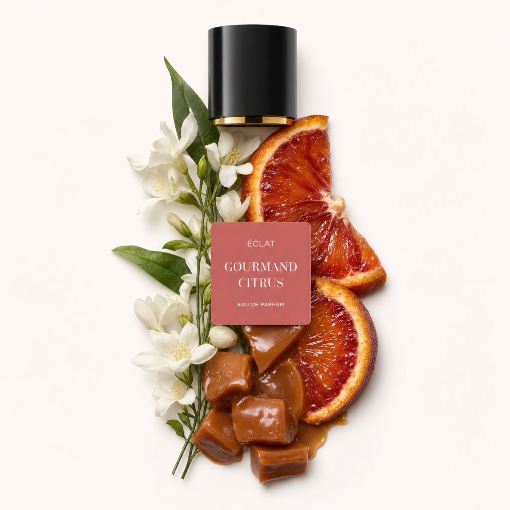 An arrangement of white blossoms, juicy blood orange slices, and caramel squares surrounds a black cap with a label for ÉCLAT Gourmand Citrus.