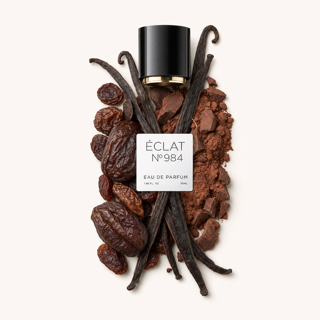 Un arrangement de poudre de cacao, de gousses de vanille et de fruits secs entoure un capuchon noir avec l'étiquette ÉCLAT Gourmand Cocoa.