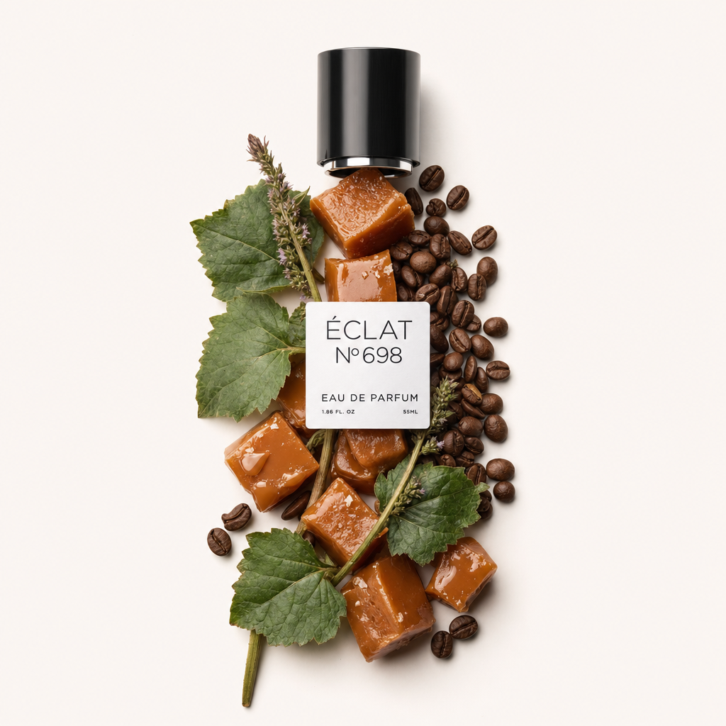 Un arrangement de cubes de caramel, grains de café et feuilles vertes avec le bouchon noir original et l'étiquette ÉCLAT sur le dessus.