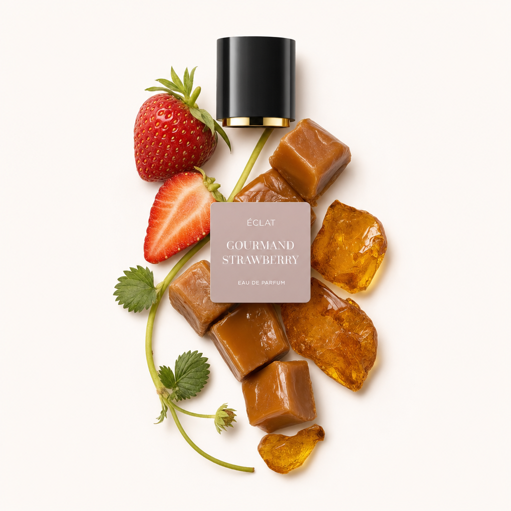 Un arrangement de cubes de caramel, une fraise tranchée avec feuilles, et des éclats de sucre ambré entourent un bouchon noir avec étiquette ÉCLAT Gourmand Strawberry.