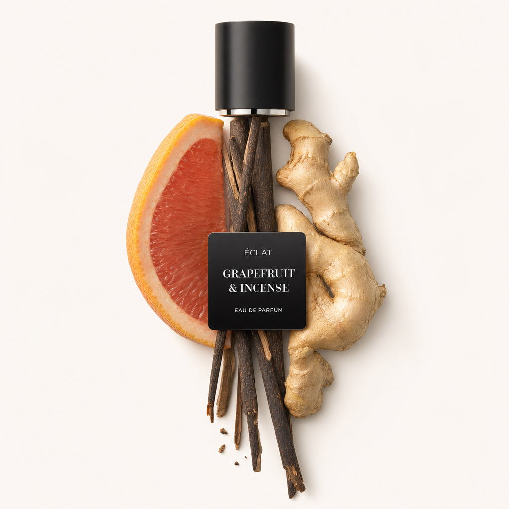 Un arrangement de tranche de pamplemousse, bâtons d'encens et racine de gingembre avec capuchon noir et étiquette ÉCLAT.