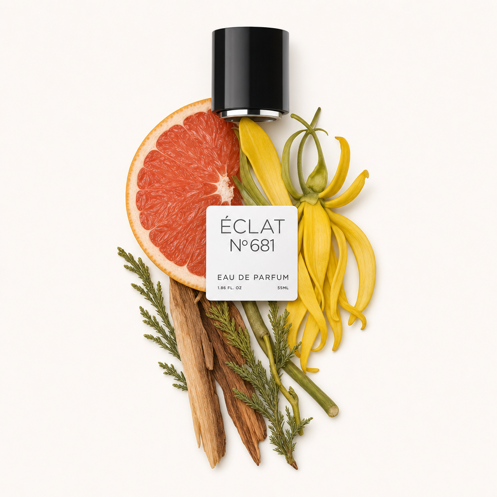 Un demi pamplemousse et des fleurs de ylang-ylang jaunes sont artistiquement disposés avec du cèdre et d'autres éléments botaniques, surmontés du bouchon noir original avec étiquette ÉCLAT.