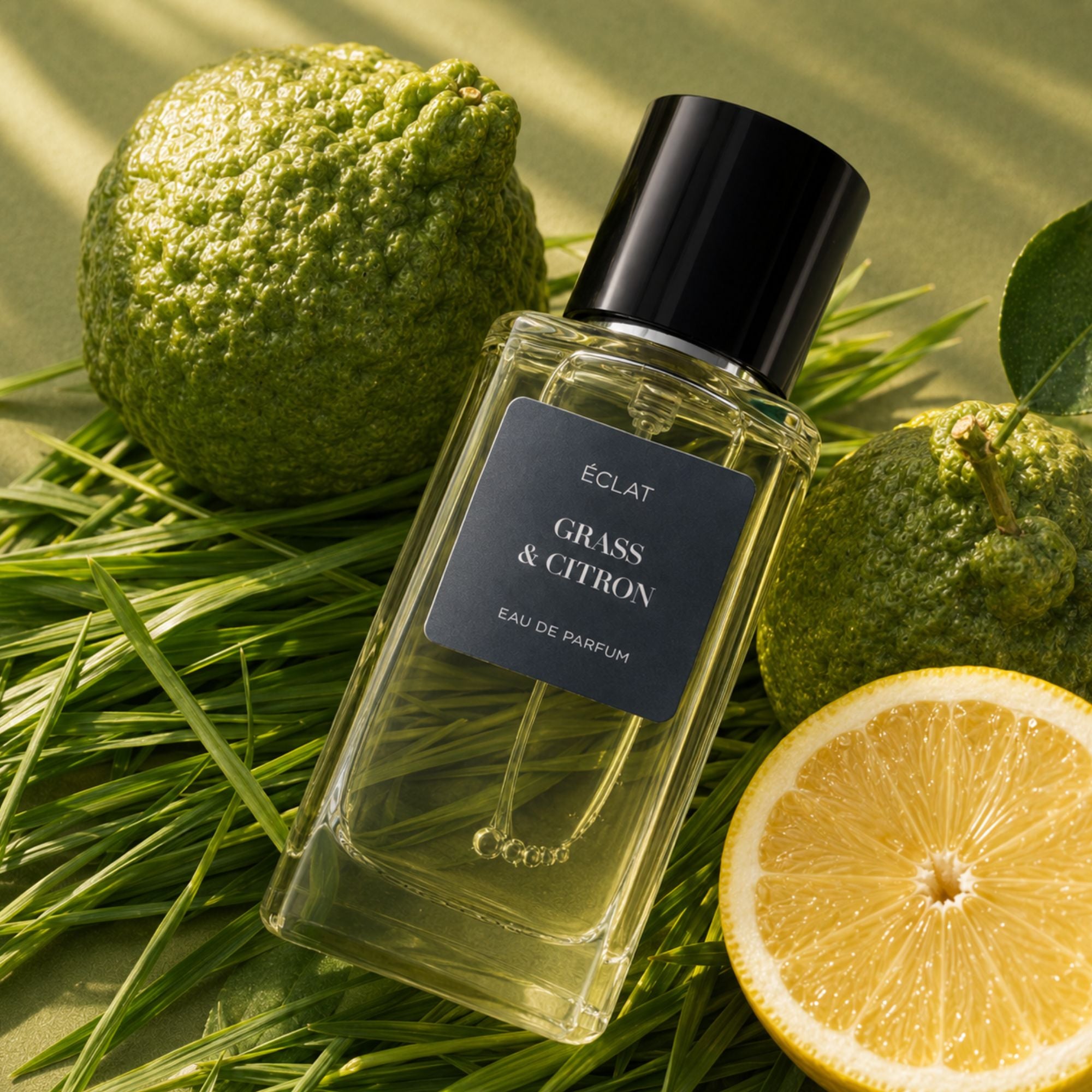 A faceted glass bottle of ÉCLAT Grass & Citron perfume with a black cap, surrounded by fresh grass, citrus fruits, and a lemon slice.
