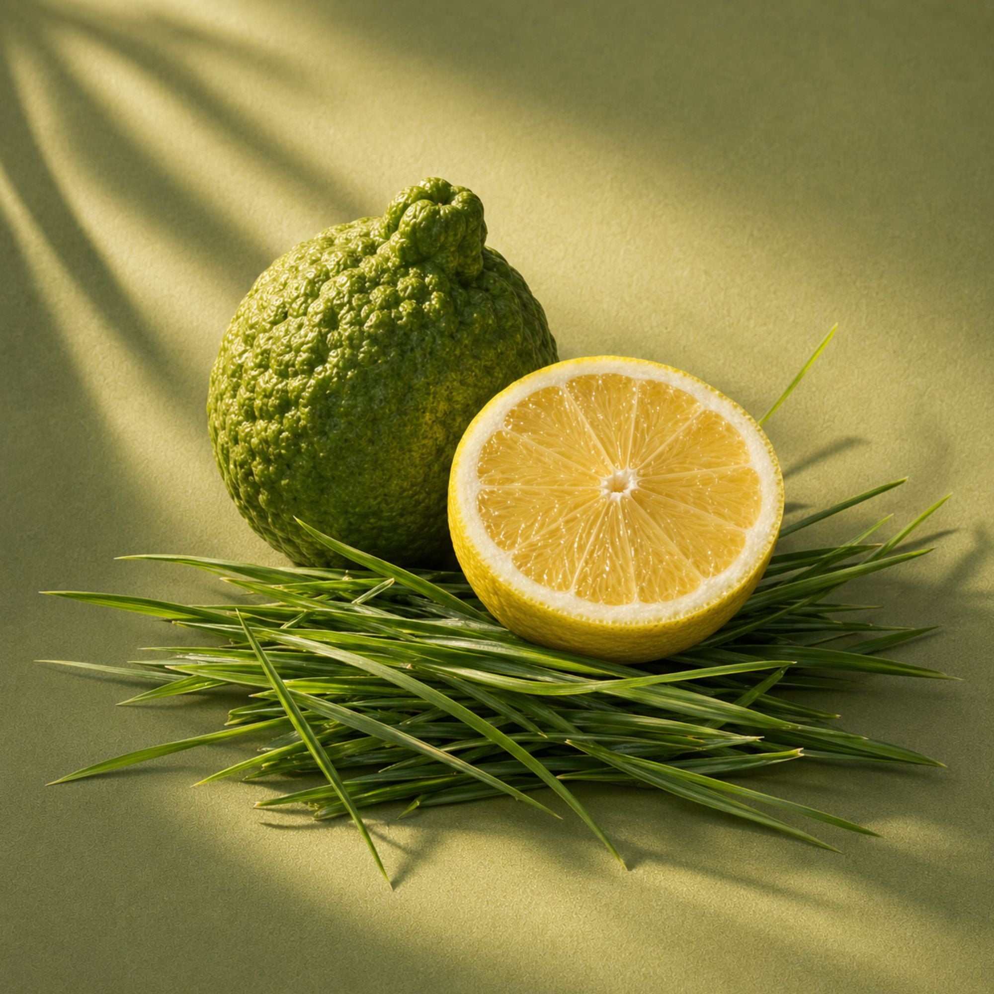 An arrangement of green grass, a whole citron, and a halved lemon on a light green background.