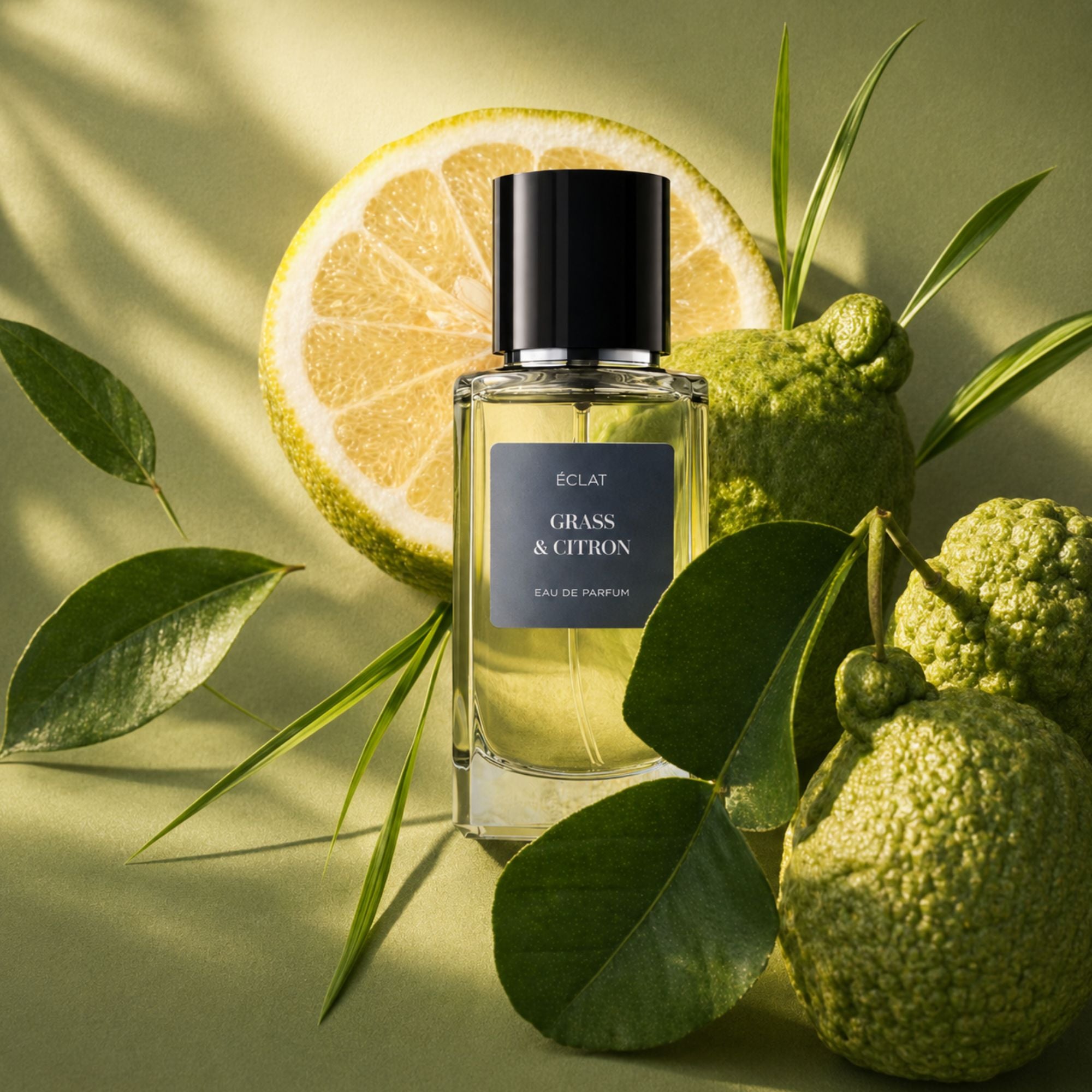 A faceted glass bottle of ÉCLAT Grass & Citron with a black cap, surrounded by citrus fruits and green leaves.