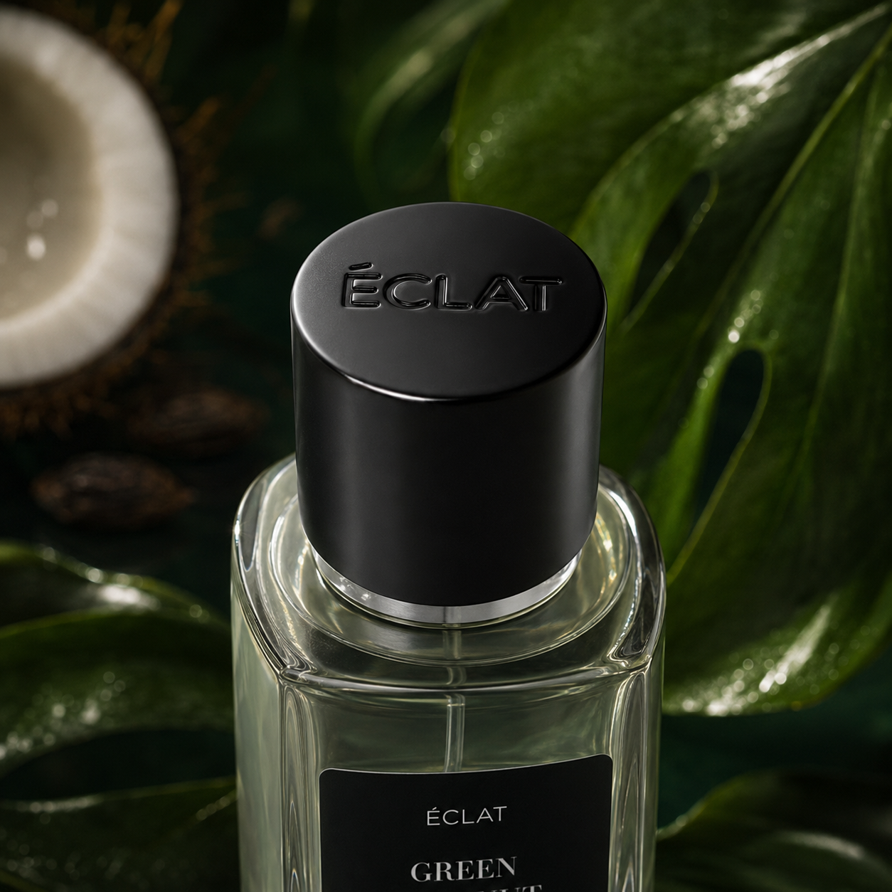 Ένα φιαλίδιο με πρόσοψη ÉCLAT Green Coconut με μαύρο ματ καπάκι, τοποθετημένο σε τροπικό φόντο με πράσινα φύλλα και μισή καρύδα.