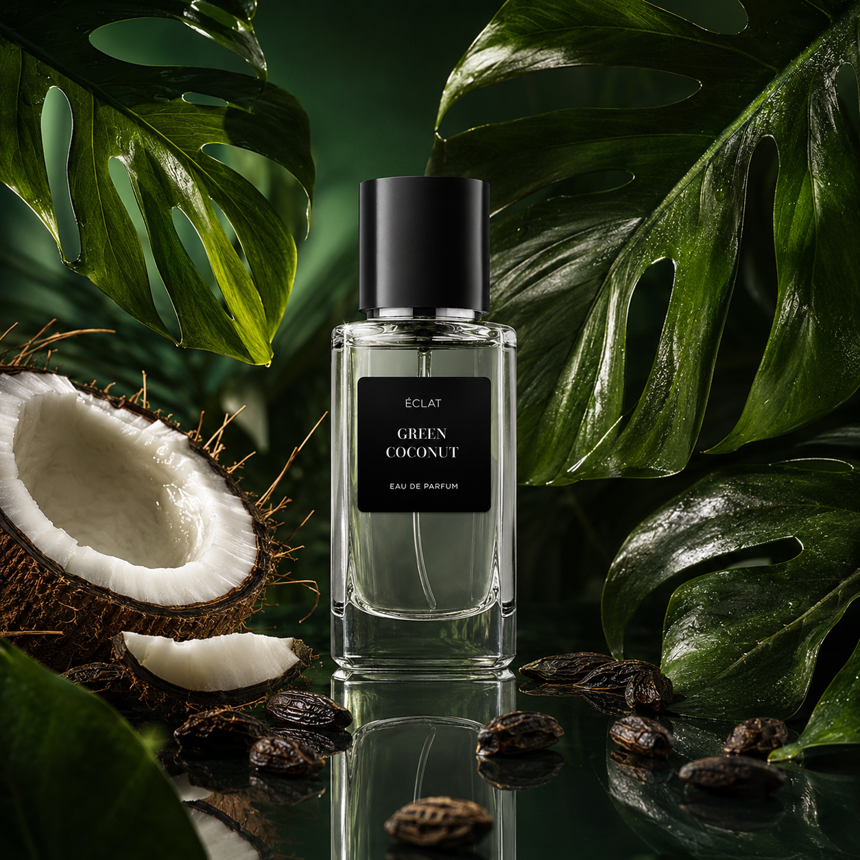 Το μπουκάλι αρώματος ÉCLAT Green Coconut στέκεται περιτριγυρισμένο από πλούσια πράσινα φύλλα και μια κομμένη καρύδα, αιχμαλωτίζοντας μια τροπική ουσία.