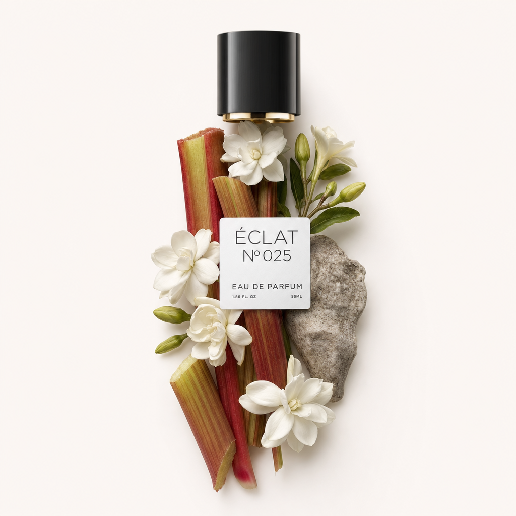 Una elegante disposición de flores de gardenia blanca y hojas verdes con tallos de ruibarbo y una piedra, rematada con una tapa negra con etiqueta ÉCLAT.