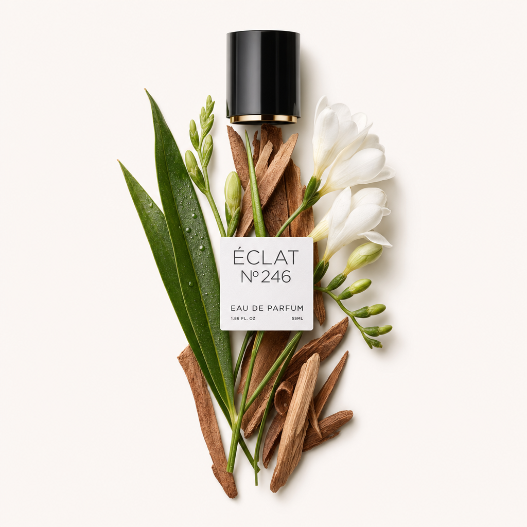 Un arreglo de hojas verdes, flores de fresia y elementos de madera rodea una tapa negra con etiqueta para ÉCLAT VIP - Green Leafs & Freesia.