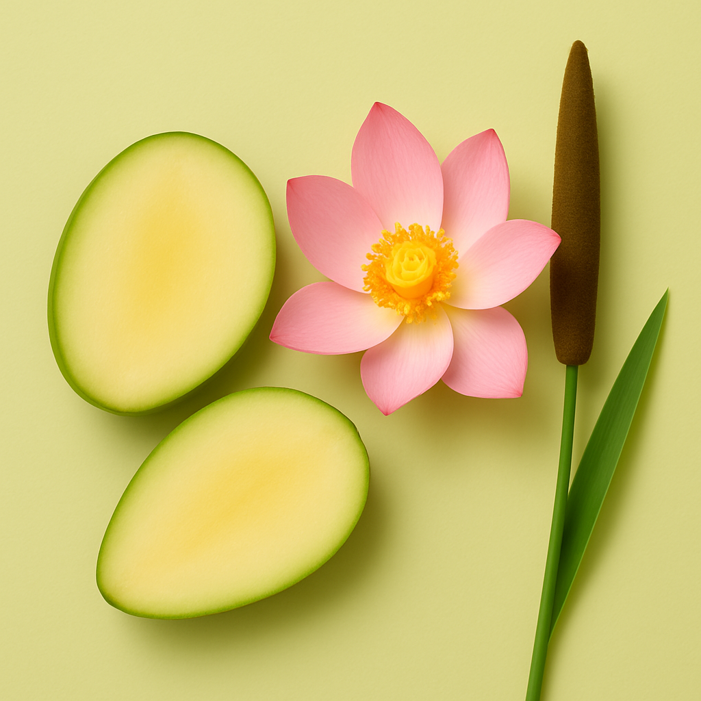 Halved green mango alongside a pink lotus flower and a cattail reed on a light green background, evoking the essence of ÉCLAT Green Mango & Lotus.