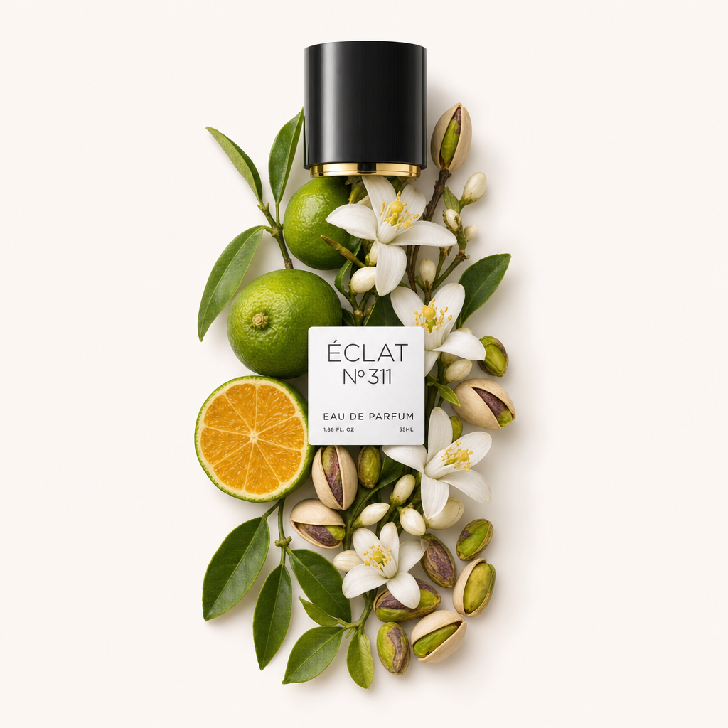 An arrangement of lime, orange slices, white blossoms, and pistachios surrounds a black cap with a label reading ÉCLAT.