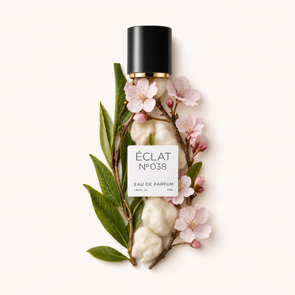 Un arreglo de flores de cerezo, hojas de té verde y algodón rodea la tapa negra original con acento dorado de ÉCLAT Green Tea & Cherry Blossom.