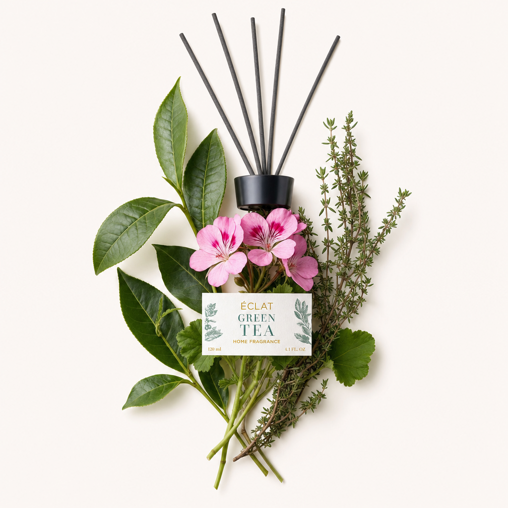 Ett arrangemang av gröna teblad, rosa blommor och timjan omger en svart kork med ÉCLAT Green Tea-etikett.
