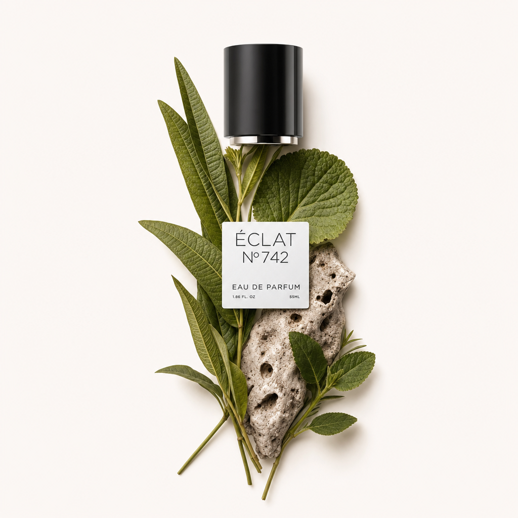 A composition of vervain leaves, a textured rock, and a black cap with a label bearing ÉCLAT Green Vervain.