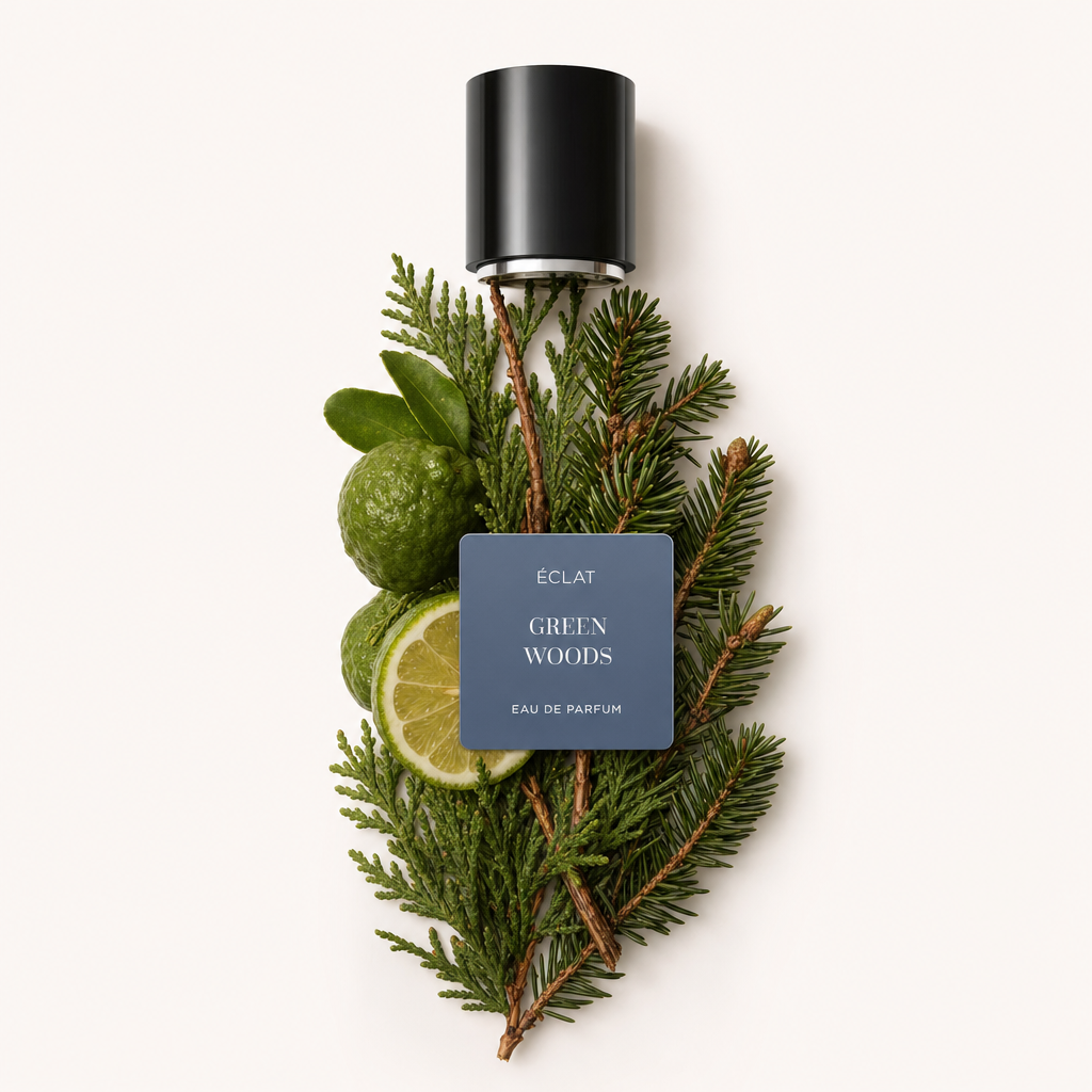 Une composition de branches de pin fraîches, de bergamote et de tranches de citron vert disposées sous un capuchon noir avec l'étiquette ÉCLAT Green Woods.