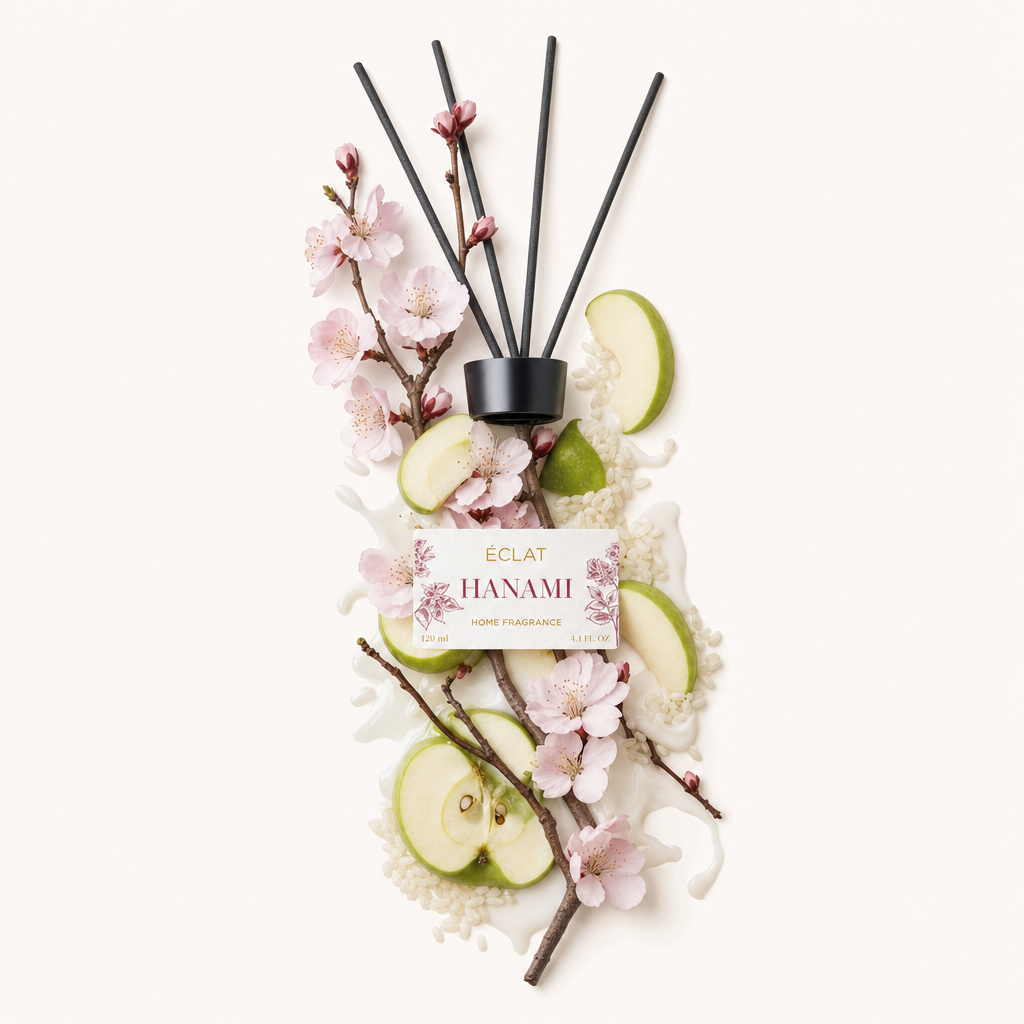 Une élégante composition de fleurs de cerisier, tranches de pomme et brindilles boisées entoure les bâtonnets parfumés ÉCLAT Hanami avec un capuchon noir et une étiquette.