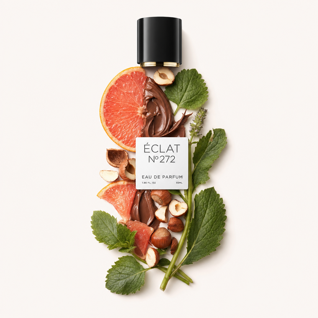 En konstnärlig arrangemang av grapefruktskivor, hela och hackade hasselnötter, kakaokräm och gröna blad, med den ursprungliga ÉCLAT-korken med etikett ovanpå.