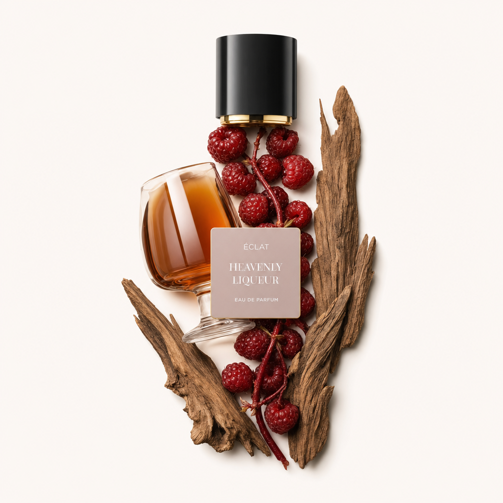 Um arranjo artístico de framboesas, um copo meio cheio de líquido âmbar e paus de madeira envolvem a tampa original ÉCLAT Heavenly Liqueur com etiqueta.