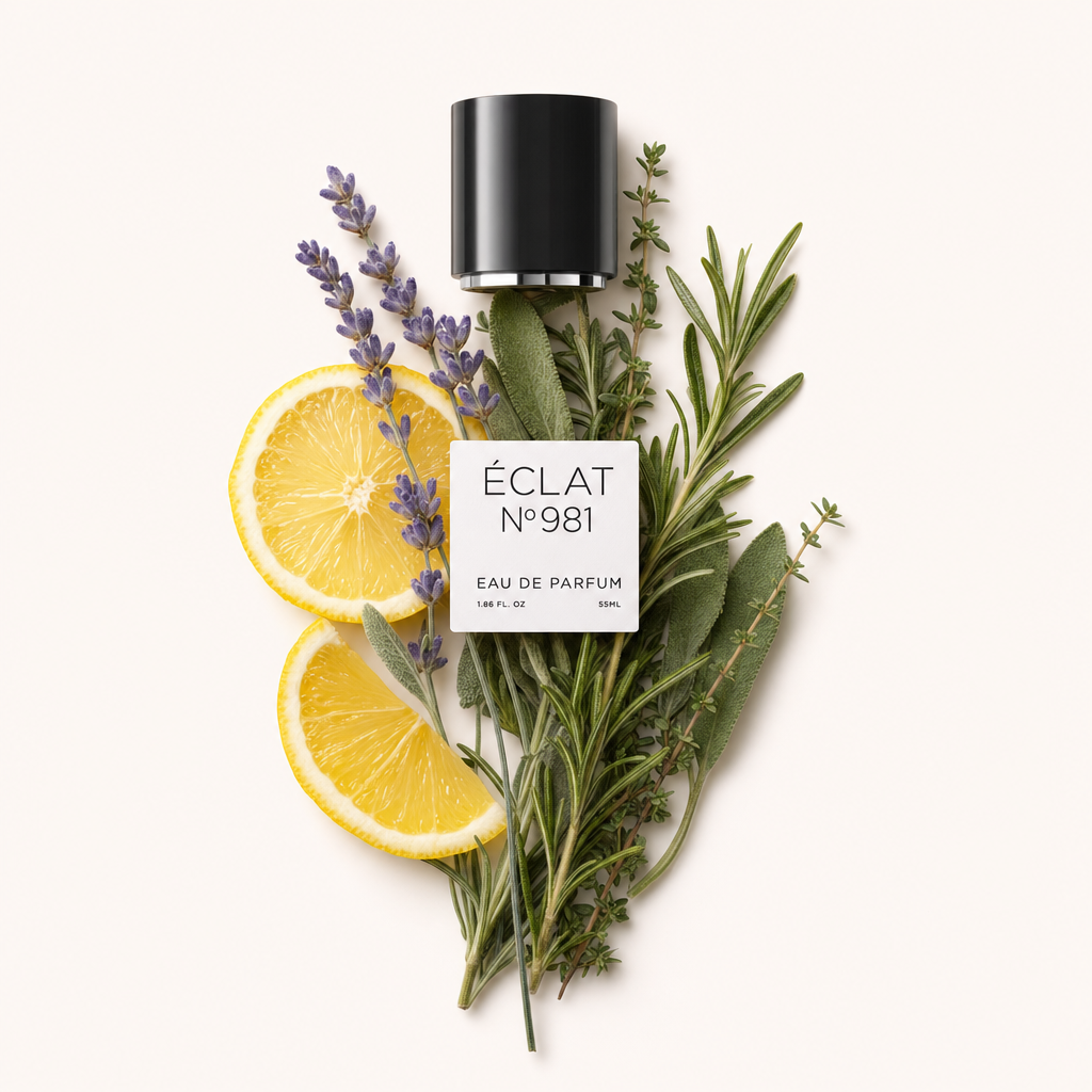 Un arrangement de romarin frais, tranches de citron, feuilles de sauge et brins de lavande avec le capuchon noir original et l'étiquette d'ÉCLAT au-dessus.