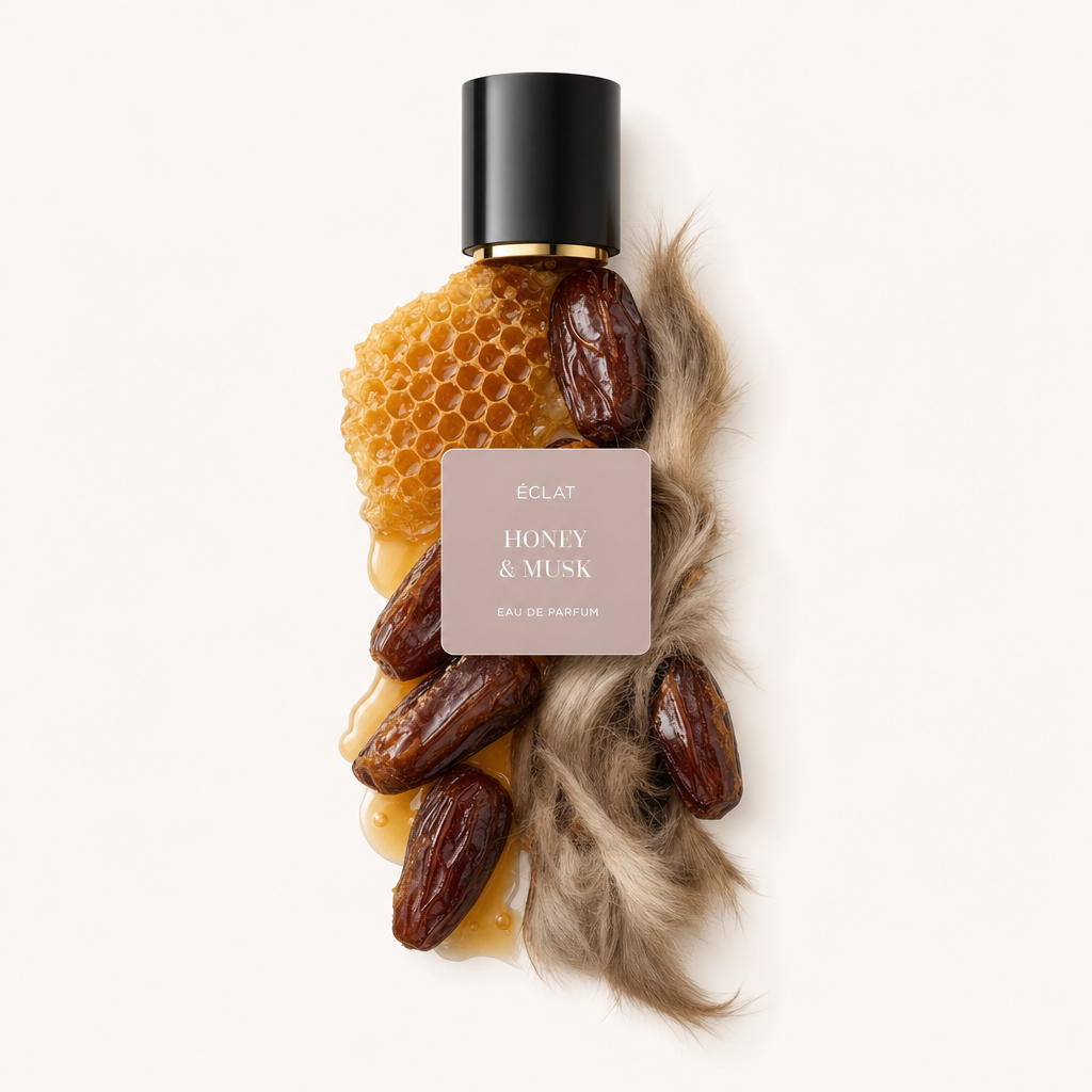 An arrangement of honeycomb, dates, and musk fur elegantly surrounds the original black cap with a label featuring ÉCLAT Honey & Musk.