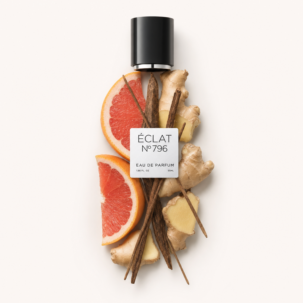 Un arrangement de bâtons d'encens, de racines de gingembre et de tranches de pamplemousse entoure un capuchon noir ÉCLAT avec étiquette.