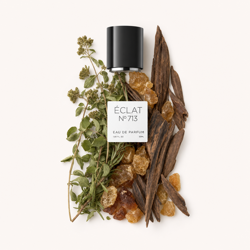 Un arrangement artistique de plantes vertes, cristaux de résine dorée et copeaux de bois sombre entoure un bouchon noir portant l'étiquette ÉCLAT Incense & Oud.