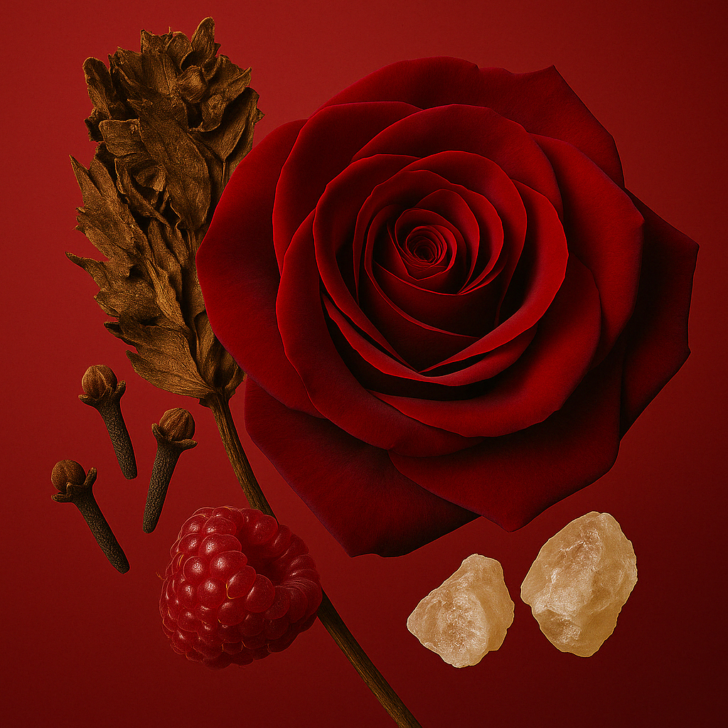 Een rijke compositie van een rode roos, gedroogde specerijen, frambozen en hars, tegen een bijpassende rode achtergrond, die ÉCLAT VIP Incense, Rose & Spices vertegenwoordigt.