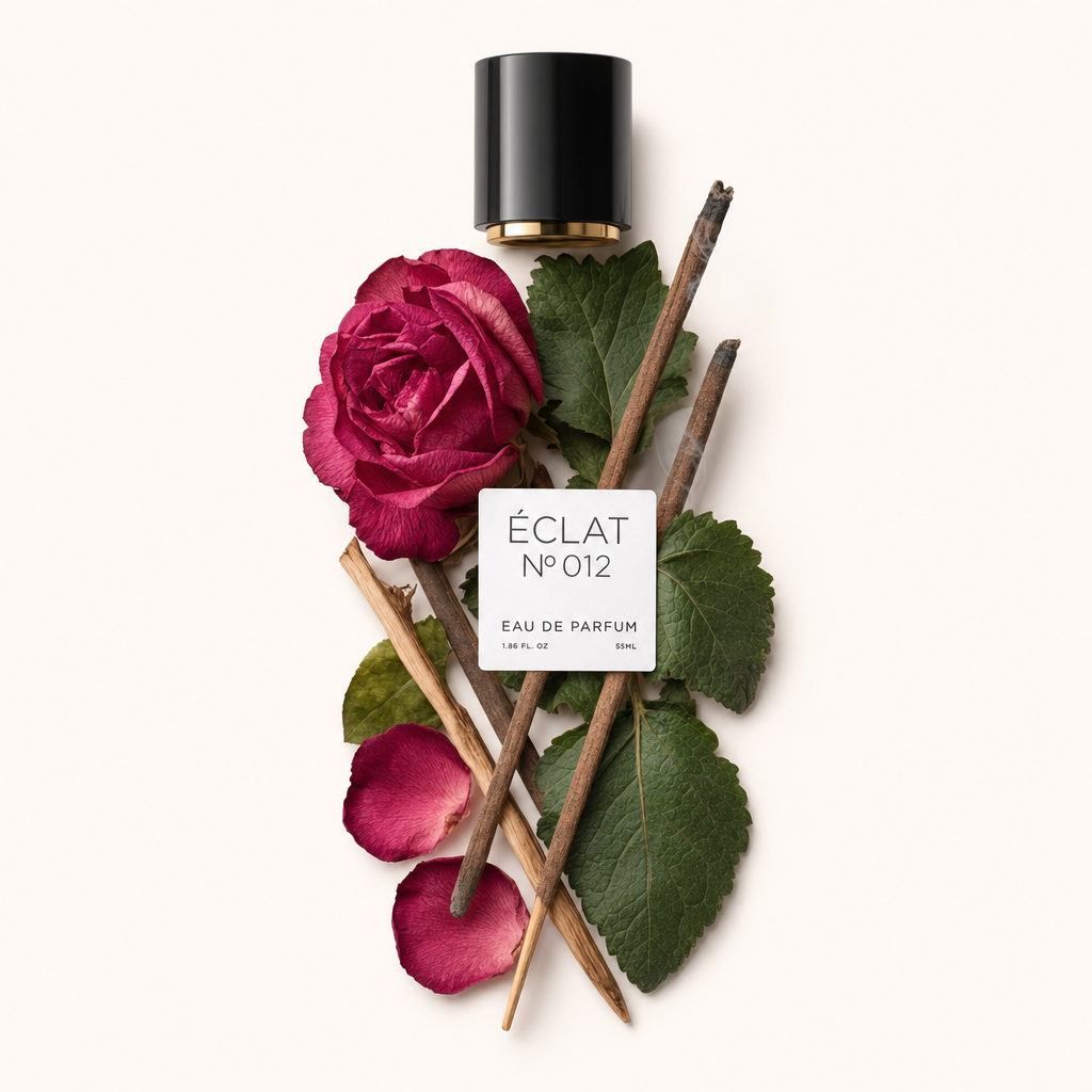Ett arrangemang av rökelsepinnar, en livfull röd ros, kronblad och frodiga blad visar doftnoterna i ÉCLAT VIP - Incense, Rose & Spices, med ett svart lock med etikett ovanpå.