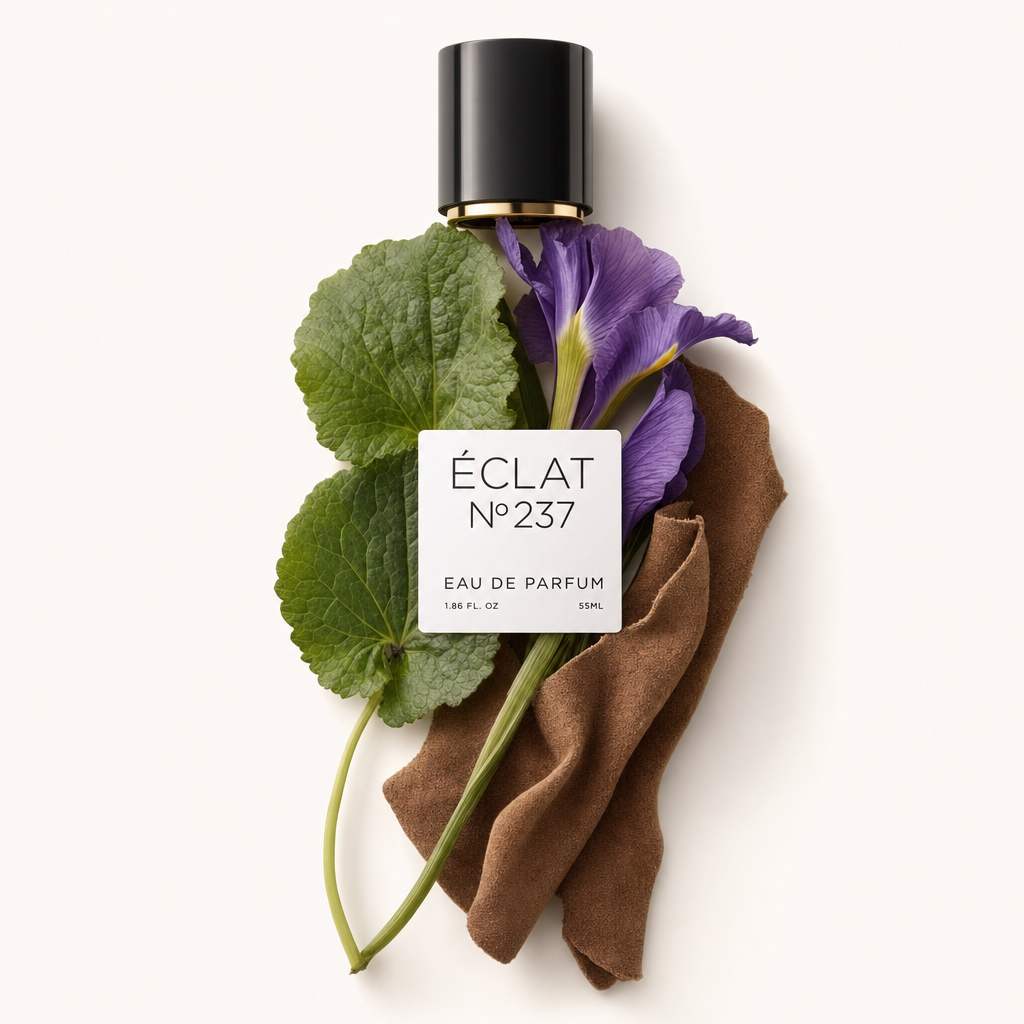 Una composición de flor de iris, hojas verdes y tela de gamuza, con la tapa negra original de ÉCLAT con etiqueta.