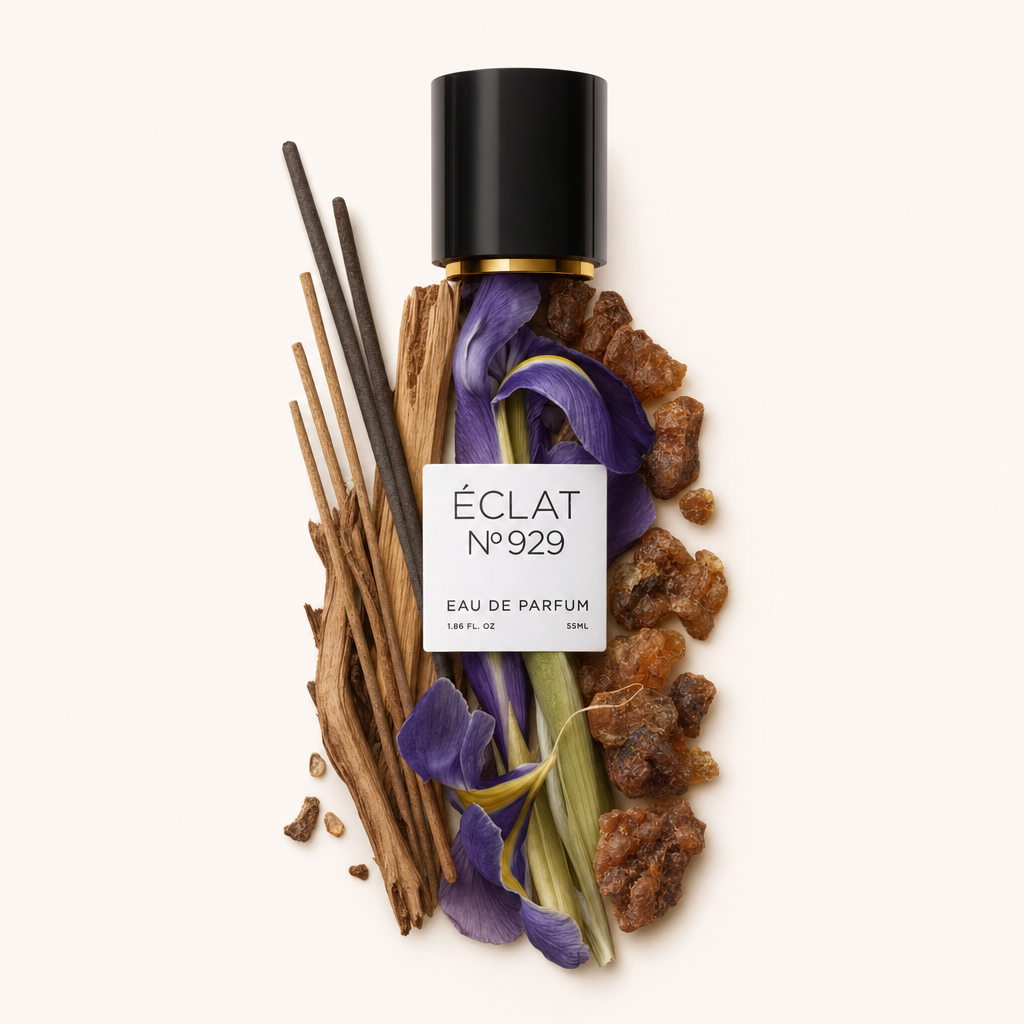 Füstölőpálcák, lila írisz virágok és borostyánkőgyanta kompozíciója körülvesz egy fekete kupakot az ÉCLAT Iris & Incense címkével.
