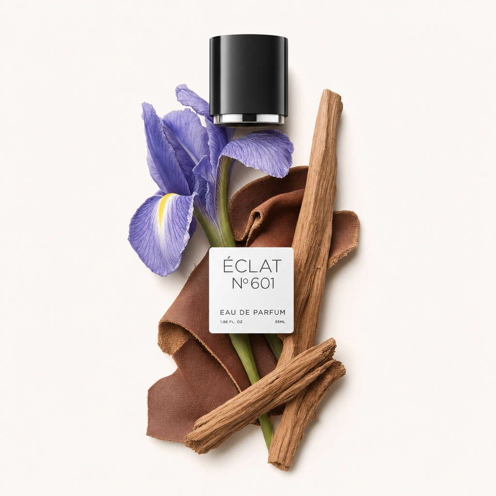 Un bodegón con una flor de iris púrpura, cuero texturizado y elementos de madera, con una tapa negra que presenta una etiqueta ÉCLAT No. 601.