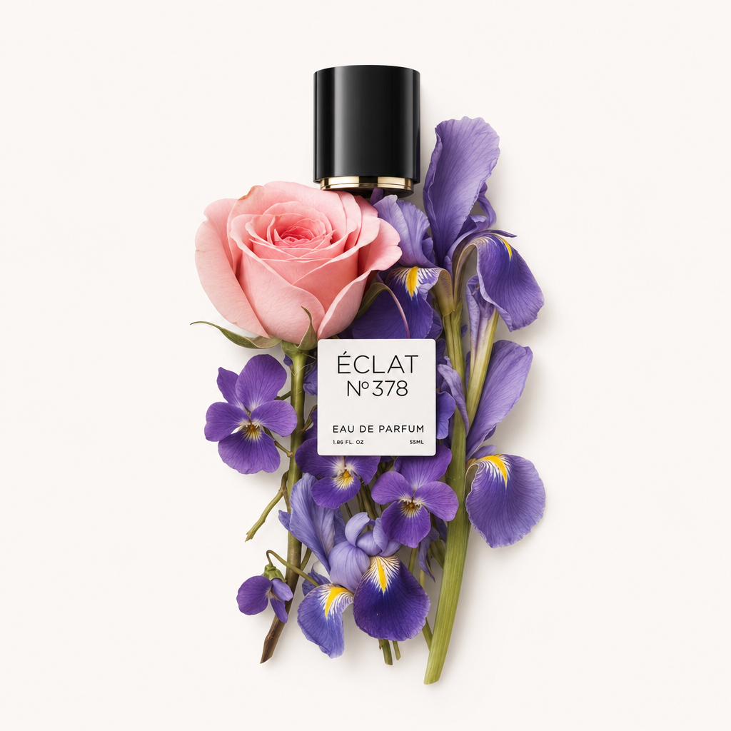 A black cap with a label reading ÉCLAT 378 is elegantly placed atop an arrangement of pink roses, purple irises, and violets.
