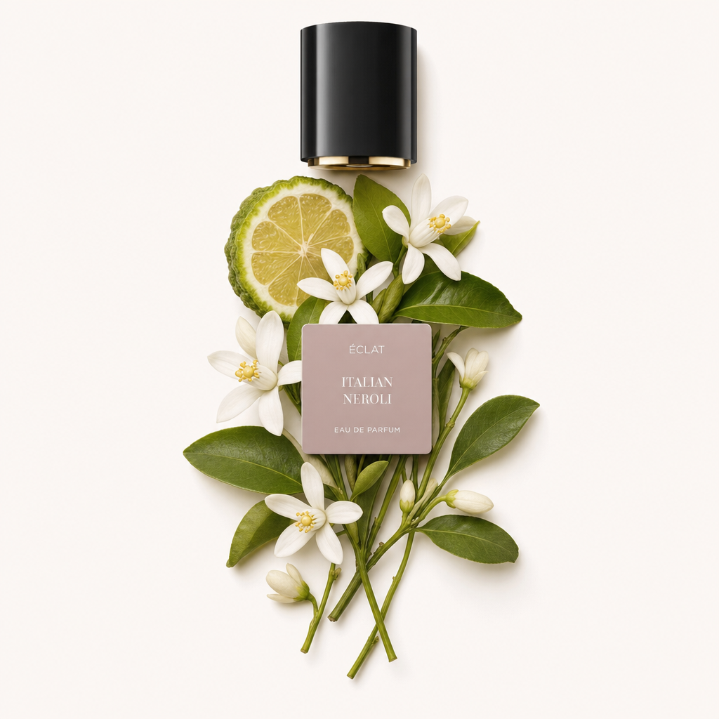 An arrangement of white blossoms and green leaves with a slice of a citrus fruit, accompanied by a black cap with a label for ÉCLAT Italian Neroli.