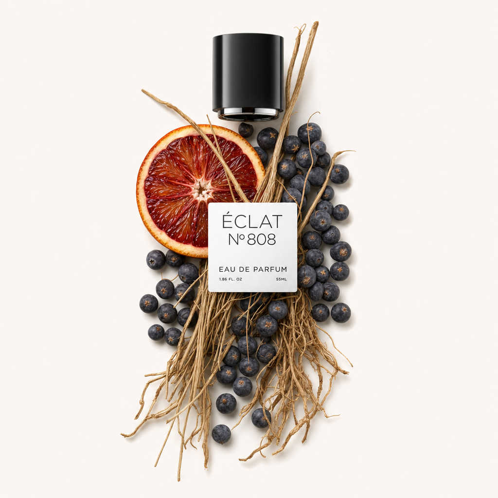 Un arrangement de baies de genévrier, d'une demi-orange sanguine et de racines séchées entoure un bouchon noir avec une étiquette pour ÉCLAT Juniper Berry & Blood Orange.