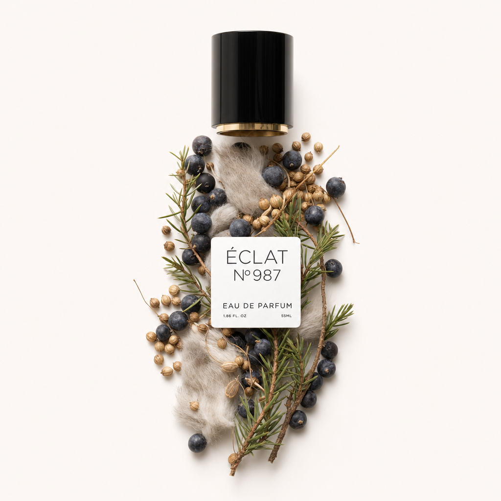 Een harmonieuze opstelling van jeneverbesbessen, gedroogde botanicals en zacht groen omringt een zwarte dop met gouden details en een etiket voor ÉCLAT Juniper Berry & Musk.