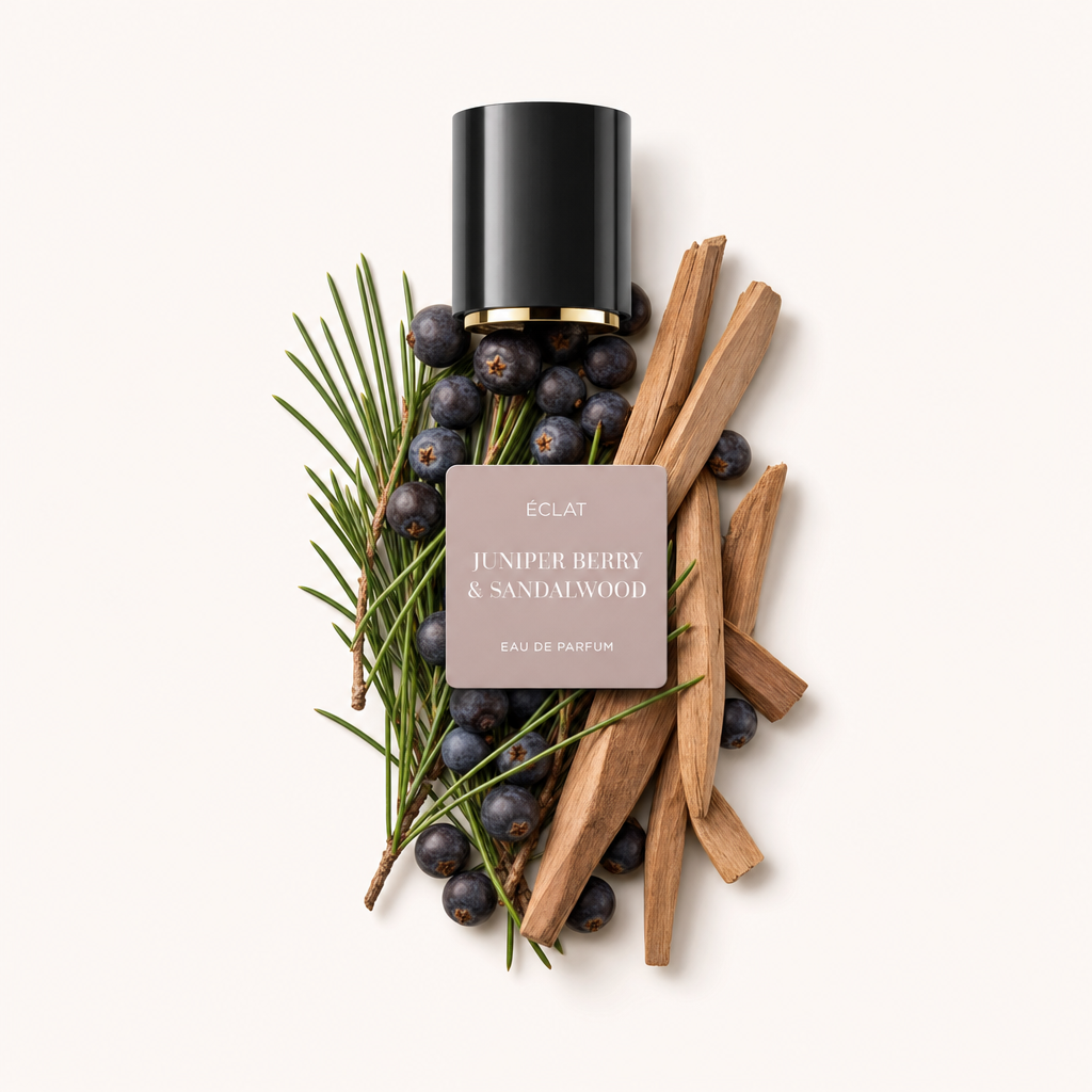 Egy borókabogyó és szantálfa rúd kompozíció vesz körül egy fekete kupakot, amelyen az ÉCLAT Juniper Berry & Sandalwood címke látható.