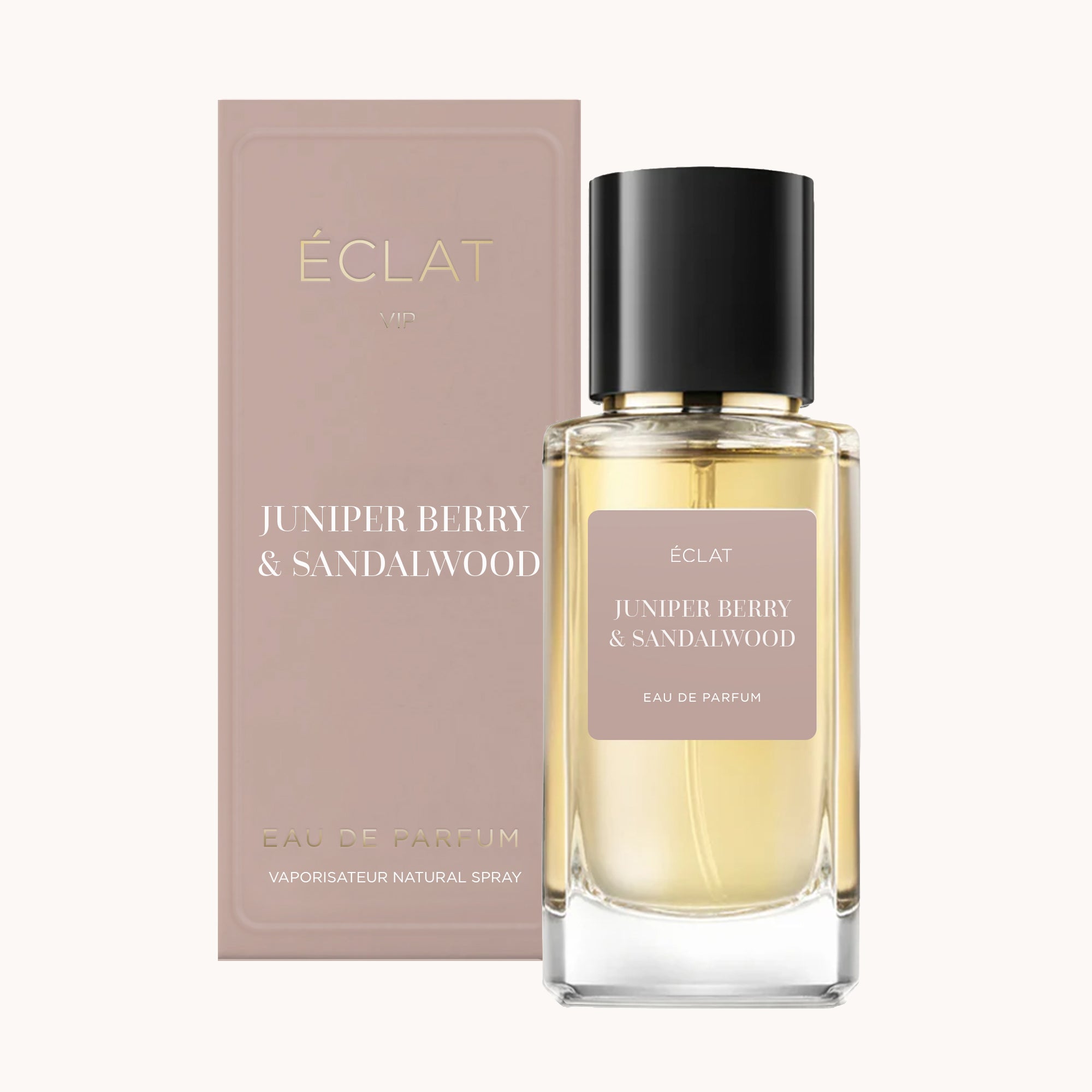 ÉCLAT Juniper Berry & Sandalwood, um refinado frasco de vidro com tampa preta acompanhado por uma elegante caixa correspondente.