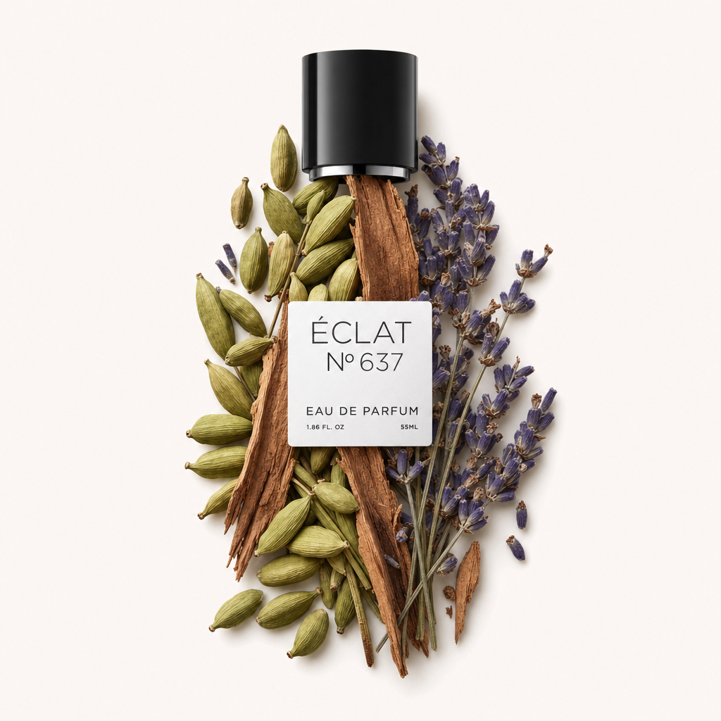 Un arrangement de brins de lavande fraîche, de gousses de cardamome et de bâtons de cannelle entoure un capuchon noir avec une étiquette ÉCLAT.