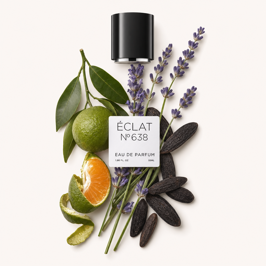 Un arrangement de brins de lavande, de fèves tonka et d'écorces d'agrumes avec un capuchon noir ÉCLAT étiqueté ÉCLAT Lavender & Tonka Bean.