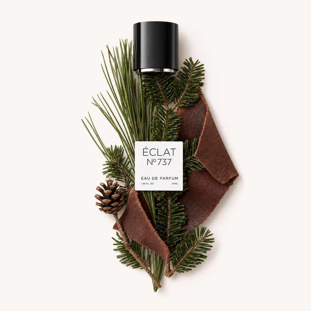Un arrangement d'aiguilles de sapin baumier, de pomme de pin et de bandes de cuir entourant un capuchon noir avec une étiquette d'ÉCLAT Leathery Balsam Fir.