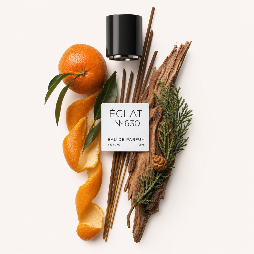 Un agencement de bois de cèdre, cyprès, encens et une orange fraîche avec écorce, à côté du capuchon et étiquette ÉCLAT Leathery Cedar.