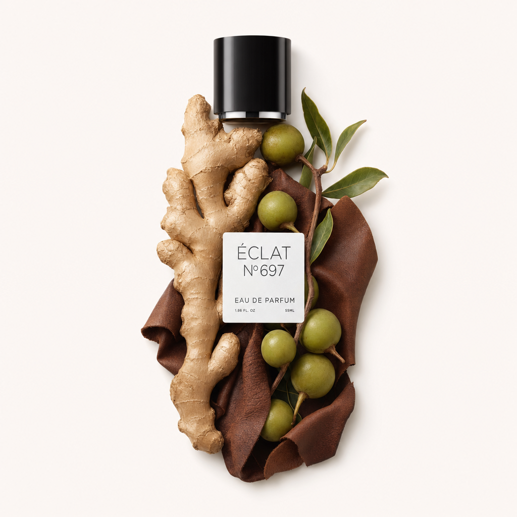 Une nature morte avec racine de gingembre, olives vertes et feuilles sur cuir brun avec un capuchon noir et étiquette de ÉCLAT Leathery Ginger.