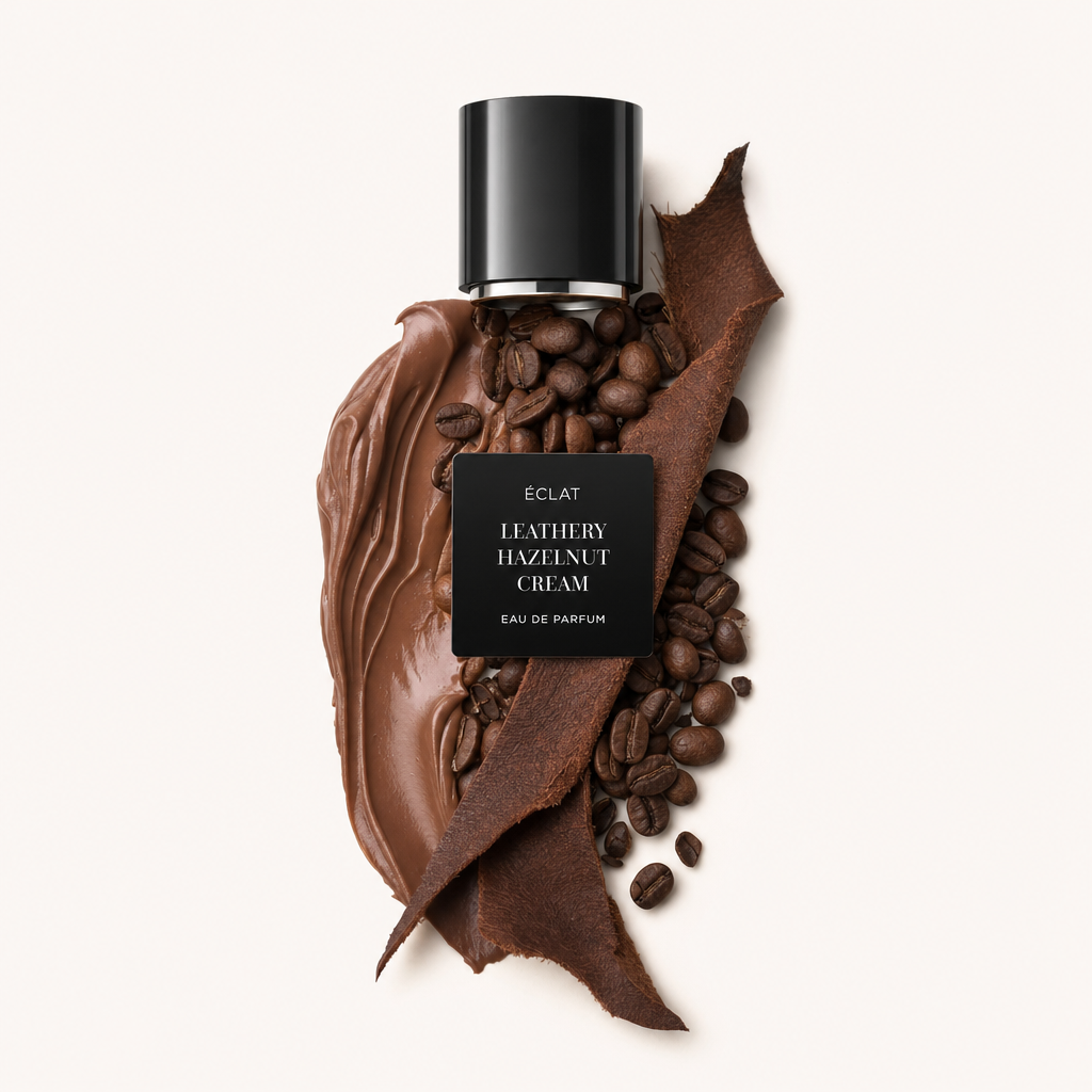 L'image montre un arrangement de grains de café, d'une crème de noisette et d'une bande de cuir, surmonté d'un bouchon noir avec l'étiquette ÉCLAT Leathery Hazelnut Cream.